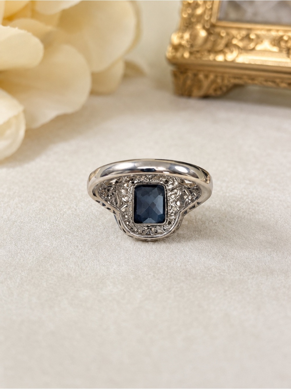 Blue Gemstone Halo Ring - Size 7 Vintage Inspired - Picture 3 of 6